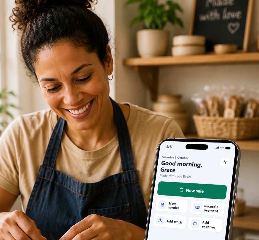 A baker packing an order, with Little-Till open on her phone